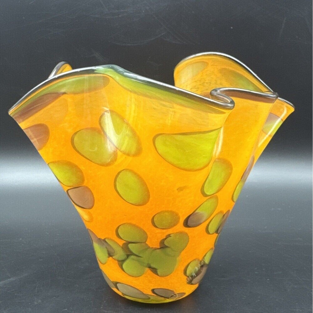 Jariufatoy Glass By Youghiogheny Art Glass ORANGE GREEN GRAY Handkerchief Vase - Picture 3 of 10